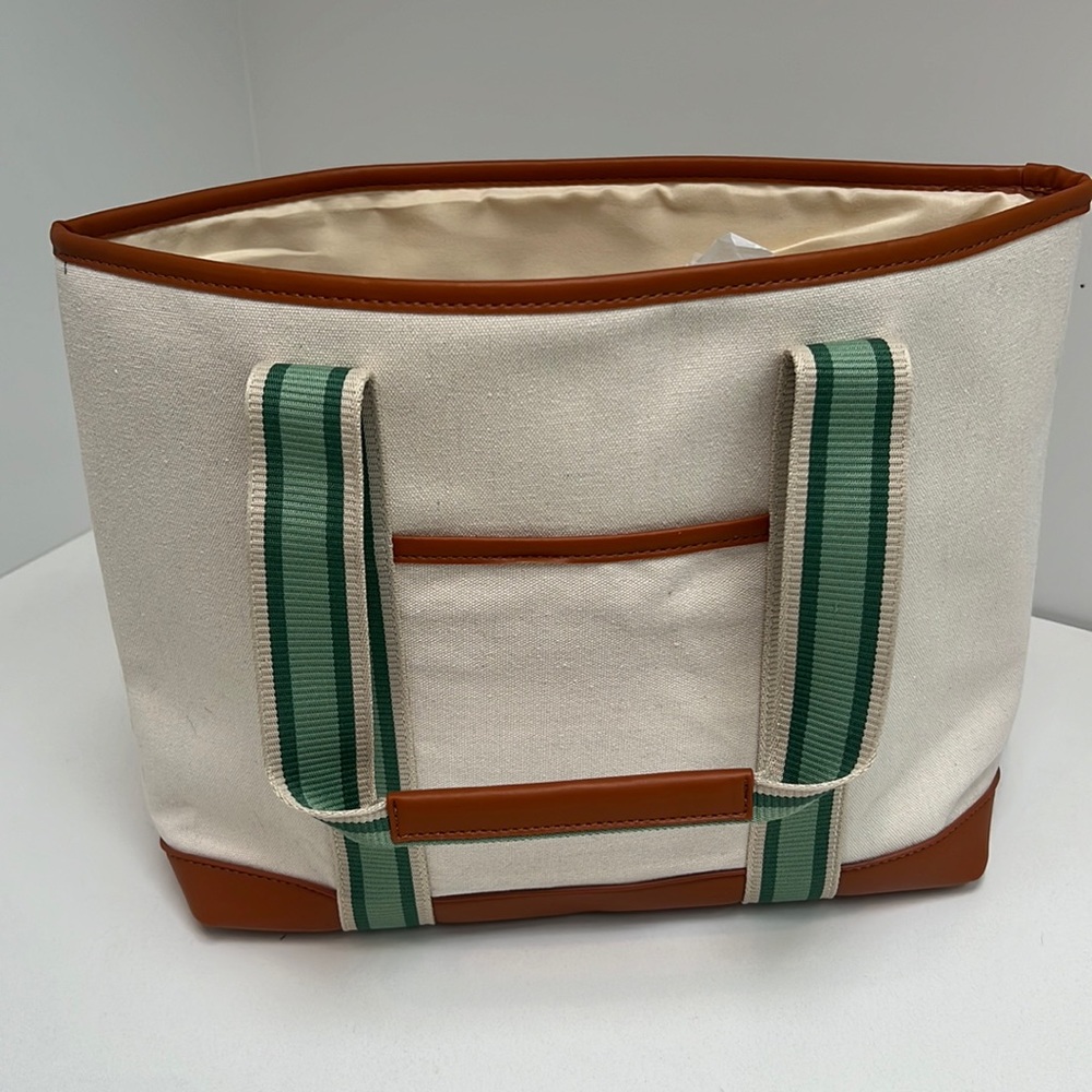 Neiman Marcus Canvas Tote Bag Beauty Event Natural Beige Brown NEW Faux Leather